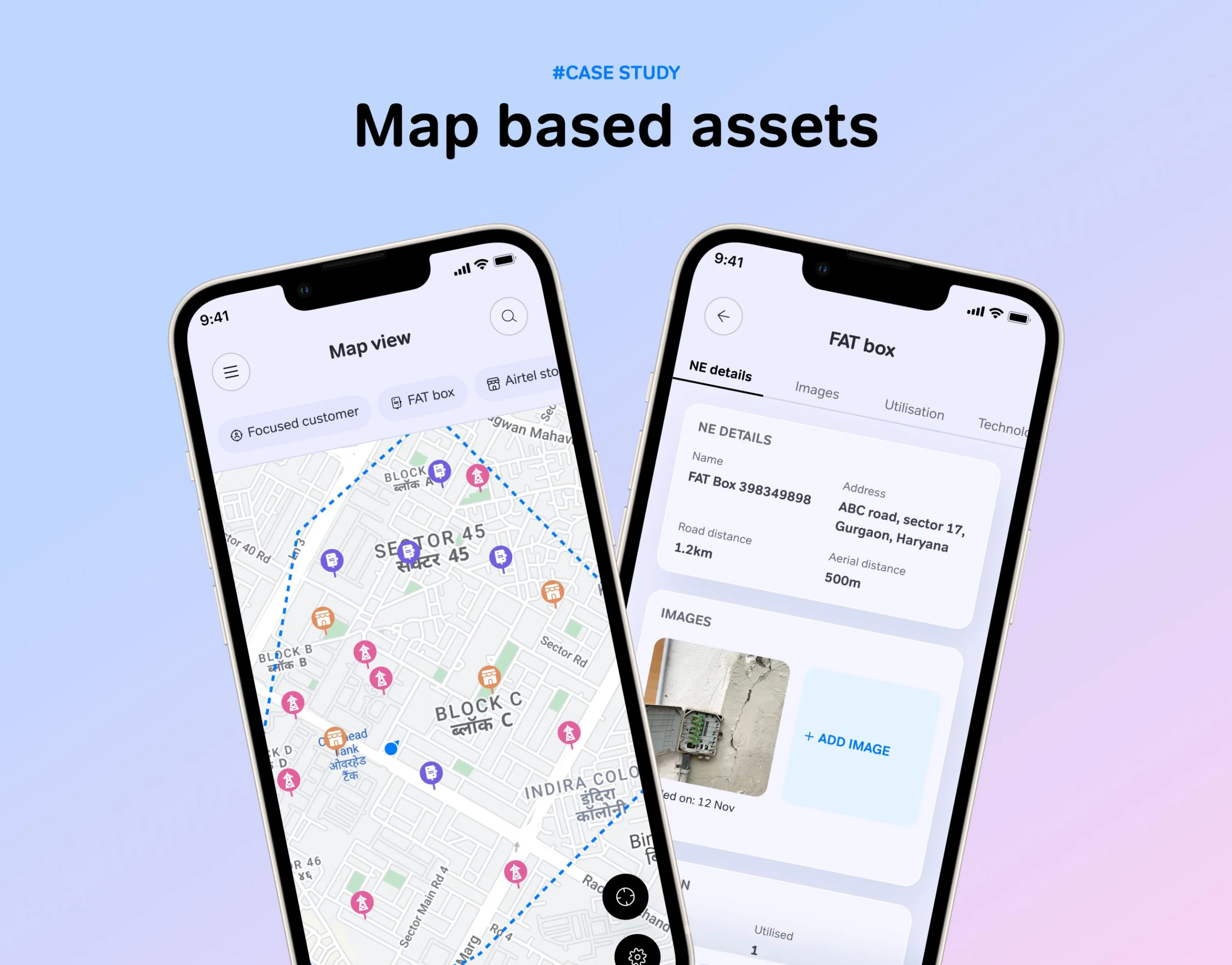 Phone screens of the unified map platform showing field assets on a map