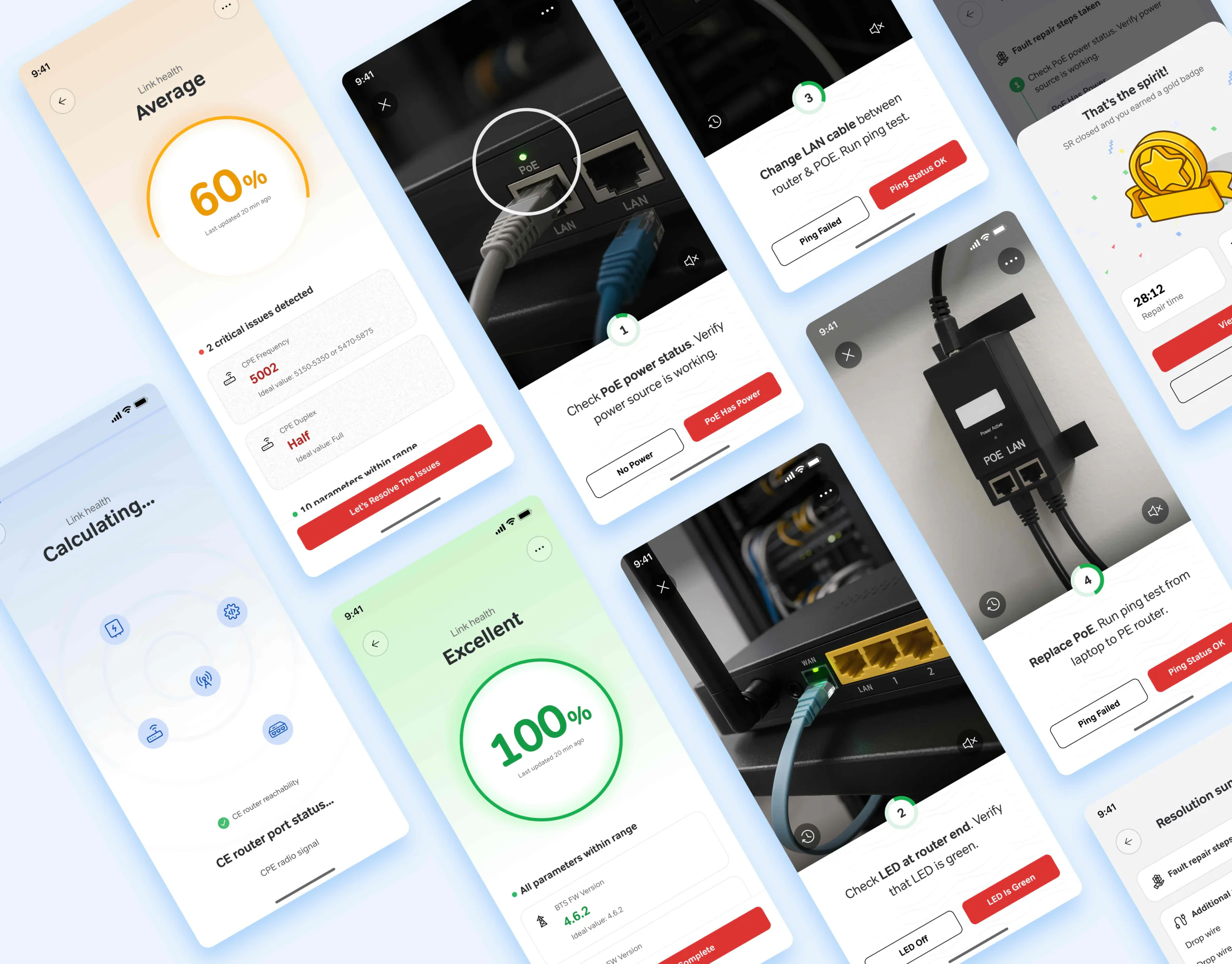 Mobile screens from the network fault resolution app for field engineers
