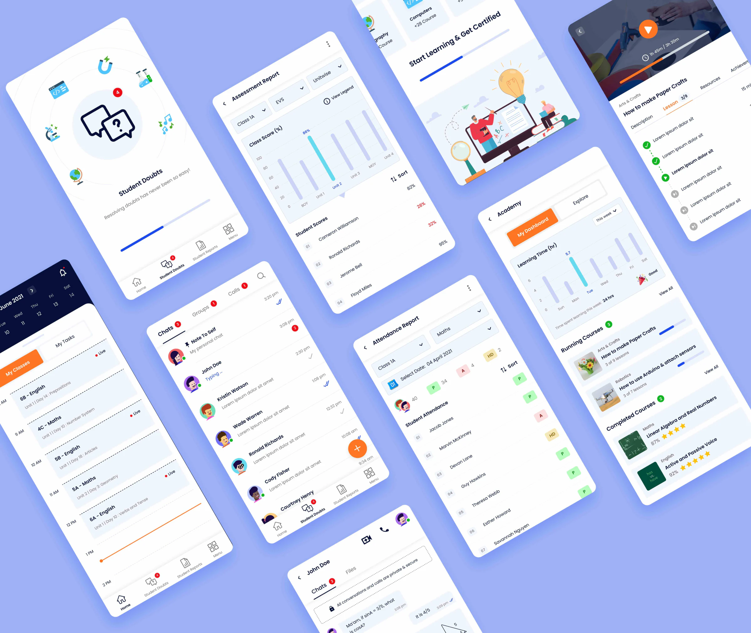 Tablet and phone screens of the teacher app for running online classrooms